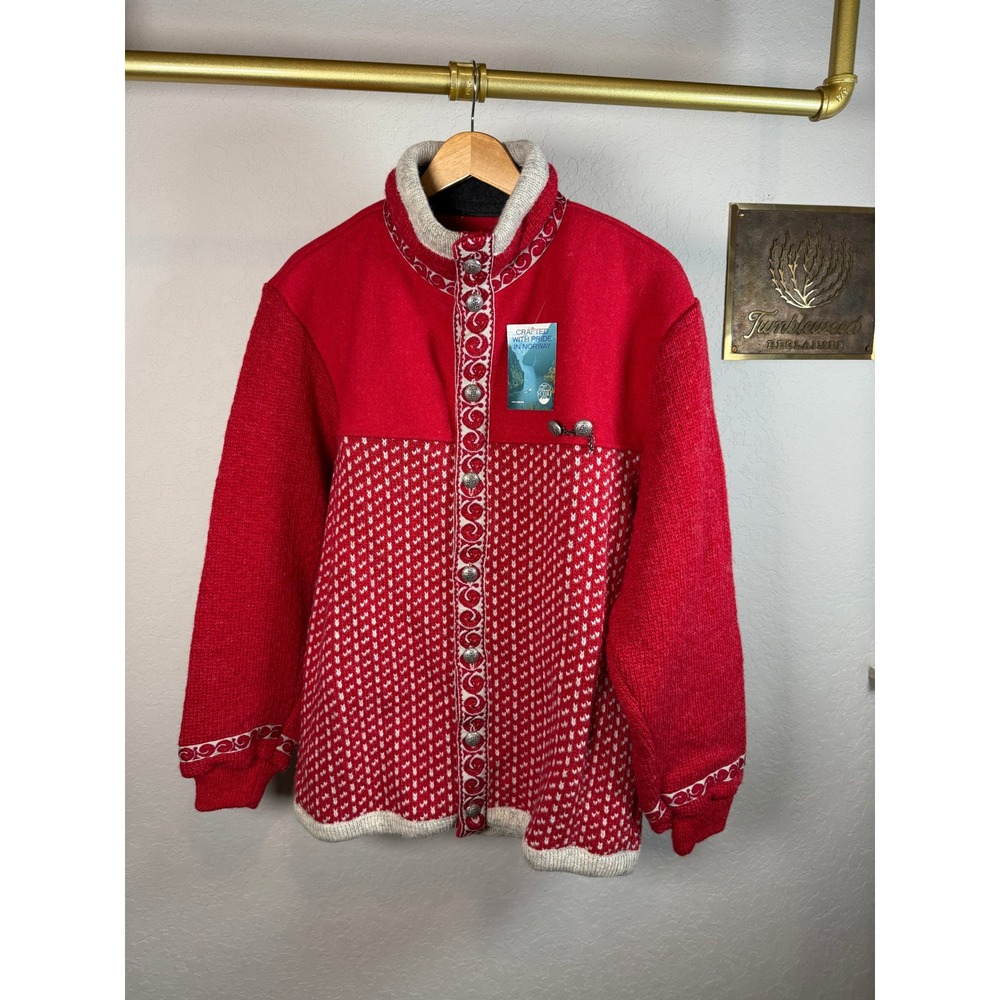 SCORE NORWAY‎ Jacket Red White Nordic Pattern Wool Blend Button Front Size S
